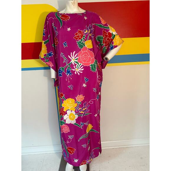 1980s vintage Oscar de la Renta caftan pink floral maxi dress loungewear large - Picture 8 of 10